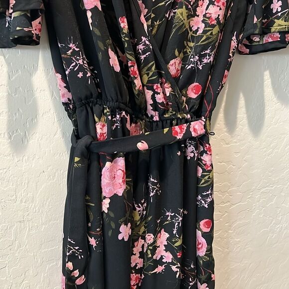Xhilaration Jumpsuit Faux Wrap Wide Leg Floral Black Pink Short Sleeve Size XS - Picture 3 of 12